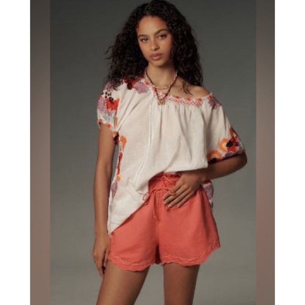 Anthropologie Coral Pink Smocked Scalloped Hem Shorts XL Drawstring Embroidered